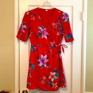 Red floral wrap dress